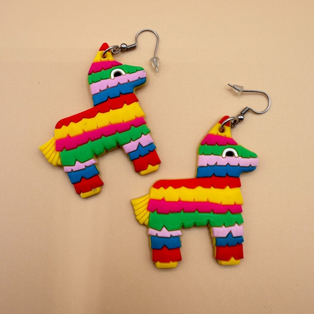 Rainbow Piñata Donkey Dangle Earrings Colorful Fiesta Party Statement Novelty